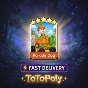 May include: A digital game card titled Parade Day featuring a cartoon character in a carrot-shaped float, topped with five yellow stars. Below the card, a purple rectangular banner displays the text FAST DELIVERY and the word ToToPoly.