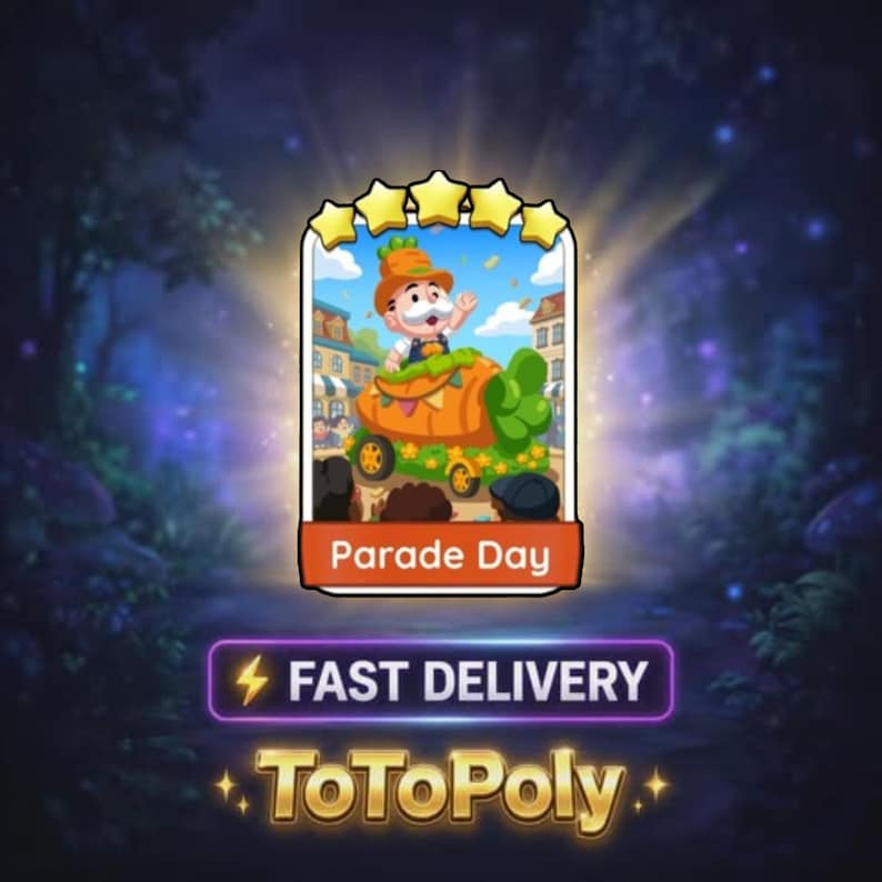 May include: A digital game card titled Parade Day featuring a cartoon character in a carrot-shaped float, topped with five yellow stars. Below the card, a purple rectangular banner displays the text FAST DELIVERY and the word ToToPoly.
