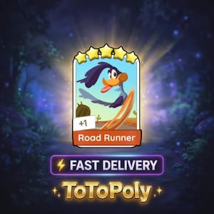May include: A digital trading card featuring the Road Runner character with five yellow stars above, a plus one indicator, and the text Road Runner. Below the card, a purple banner reads FAST DELIVERY and the gold text ToToPoly.
