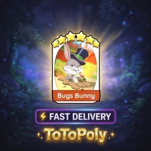 May include: A rectangular digital trading card featuring a cartoon rabbit wearing a top hat and holding a carrot, with five yellow stars above. The text reads Bugs Bunny, FAST DELIVERY, and ToToPoly, with a lightning bolt and star icons.