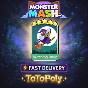 May include: A digital game card titled Monster Mash featuring a five-star rating and a central illustration of a green witch flying on a broomstick with a small black cat. The card is labeled Witching Hour, with additional text reading FAST DELIVERY and ToToPoly.