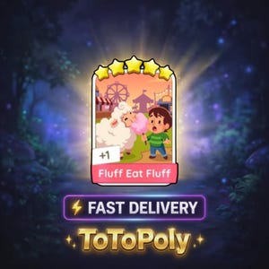 May include: A digital game card featuring a cartoon illustration of a white sheep eating pink cotton candy next to a child in a green shirt. The card displays five yellow stars, the text +1, and the title Fluff Eat Fluff, with Fast Delivery and ToToPoly text below.