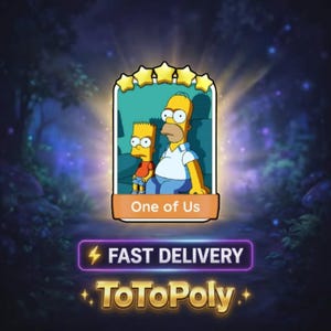 May include: A rectangular digital trading card featuring Homer and Bart Simpson sitting together. The card has five yellow stars at the top and the text One of Us at the bottom. Below the card, the text reads FAST DELIVERY and ToToPoly.