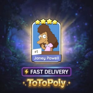 May include: A rectangular digital trading card featuring a cartoon character with brown curly hair and a pink shirt, labelled Janey Powell. The card displays four yellow stars at the top, a plus one indicator, and text reading FAST DELIVERY and ToToPoly.