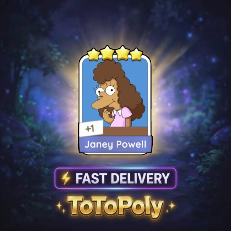 May include: A rectangular digital trading card featuring a cartoon character with brown curly hair and a pink shirt, labelled Janey Powell. The card displays four yellow stars at the top, a plus one indicator, and text reading FAST DELIVERY and ToToPoly.