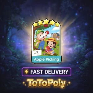 May include: A rectangular digital game card featuring five yellow stars at the top and an illustration of two characters picking red apples in an orchard. The text reads +3 Apple Picking, FAST DELIVERY, and ToToPoly with a lightning bolt icon.