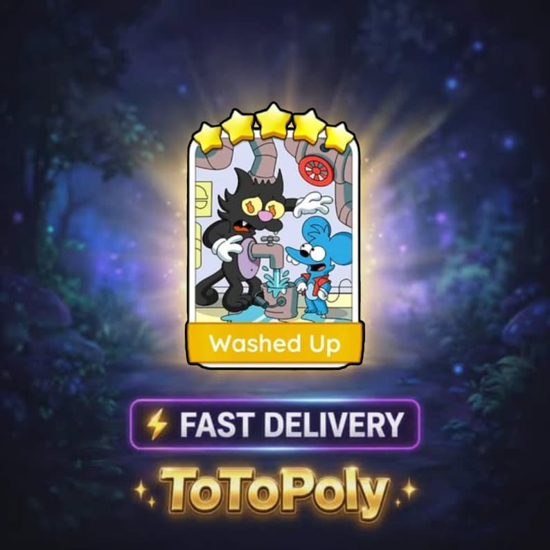 May include: A rectangular digital game card featuring a black cat and a blue mouse character near a water faucet, with five yellow stars at the top and the text Washed Up, FAST DELIVERY, and ToToPoly displayed in a glowing, dark forest setting.