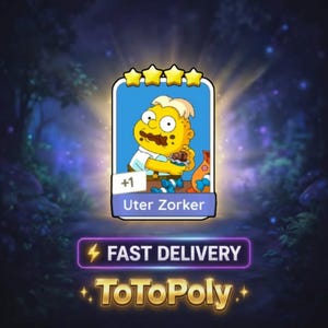 May include: A rectangular digital trading card featuring a yellow cartoon character named Uter Zorker eating chocolate, with four yellow stars above, a +1 indicator, and the text FAST DELIVERY and ToToPoly displayed below the card.