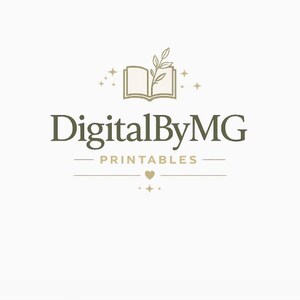 May include: A logo design featuring the text DigitalByMG PRINTABLES in dark olive green. Above the text is an open book icon with a small plant sprig and stars. Below the text is a horizontal line with a small heart and star centered underneath.
