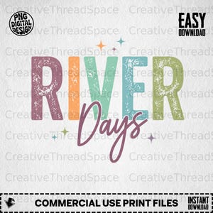 Może przedstawiać: Cyfrowy projekt graficzny przedstawiający tekst RIVER Days w postarzanej, wielokolorowej czcionce. Słowo RIVER jest napisane drukowanymi literami w kolorach fioletowym, pomarańczowym, zielonym i niebieskim, a Days w fioletowej kursywie.
