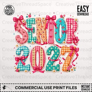 Senior 2027 PNG, Bright Coquette Bow Graduation Design, Colorful Patchwork Class of 2027