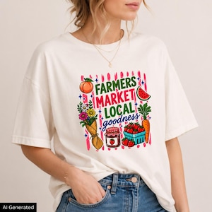 Op de afbeelding: Een off-white t-shirt met een grafische print met de tekst FARMERS MARKET LOCAL goodness. Het ontwerp bevat een perzik, een boeket bloemen, een pot jam, een mandje aardbeien, een wortel en een schijfje watermeloen op roze strepen.