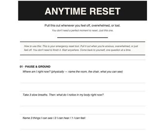 The Anytime Reset Workbook | Printable Anxiety & Overwhelm Tool | Grounding · Emotional Reset | Instant Download