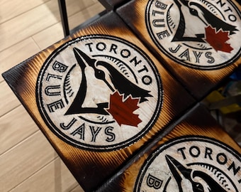 Baseball Themed Blue Jays Wooden Bar Stools with Epoxy Resin Inlay.