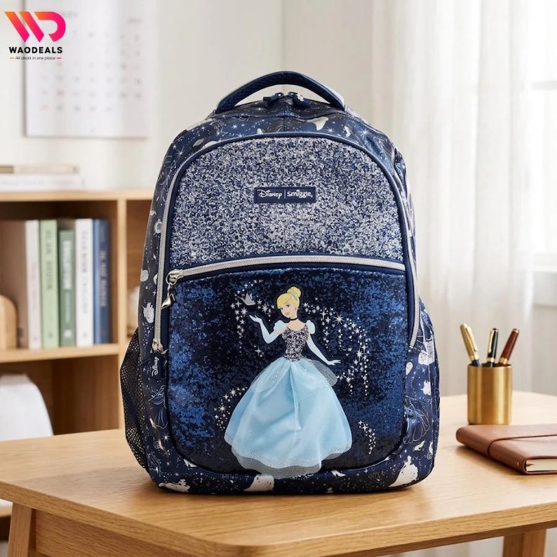 May include: A dark blue backpack featuring a glittery top panel and a graphic of Cinderella in a light blue gown on the front pocket. The bag has a starry pattern, silver zippers, and a small rectangular label with the text Disney Smiggle.