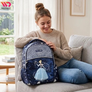 May include: A dark blue backpack featuring a glittery top panel and a central graphic of Cinderella in a light blue dress. The bag includes a front zippered pocket, side mesh pockets, and a small rectangular label with text on the upper section.