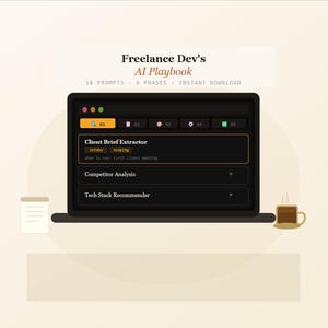May include: A laptop screen showing "Freelance Dev's AI Playbook" with "18 Prompts, 6 Phases, Instant Download." The screen displays a software interface with options like "Client Brief Extractor" and a coffee cup is on the right.