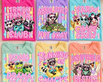 Pacote de PNGs de melhores amigos animais engraçados, designs de camisetas com guaxinins e caos na fazenda