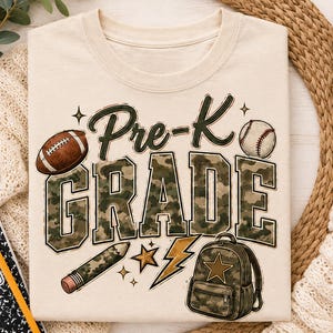 a t-shirt with a camouflage design and the text "Pre-K Grade" printed on it, along with various sports-related icons such as a football, baseball, and a backpack.