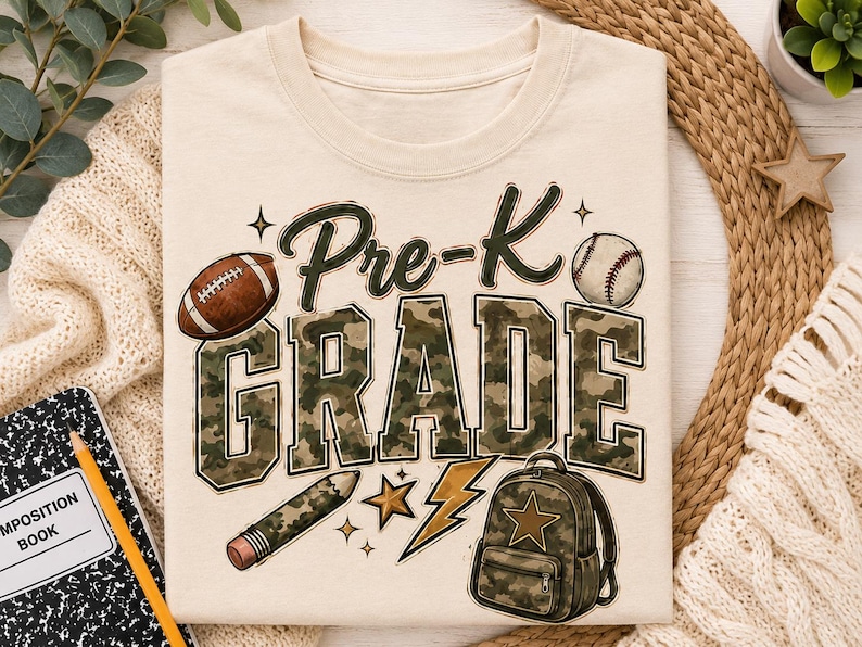 a t-shirt with a camouflage design and the text "Pre-K Grade" printed on it, along with various sports-related icons such as a football, baseball, and a backpack.