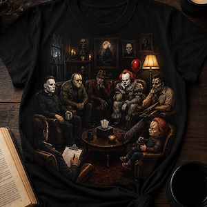 Vintage Horror Characters PNG, Spooky Villain Group Therapy T-Shirt Design, Gothic Halloween Sublimation Design
