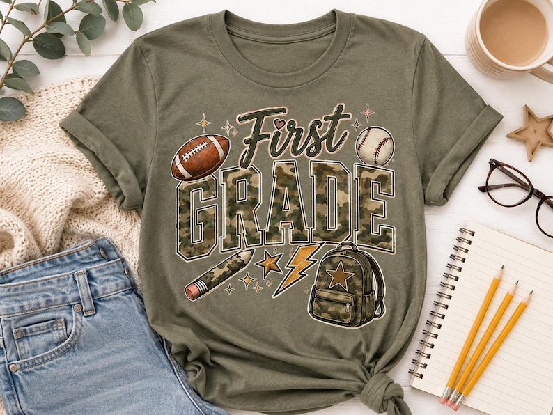 a green t-shirt with the text "First Grade" printed on it, along with various school-related items such as a football, baseball, backpack, pencils, and a notebook.