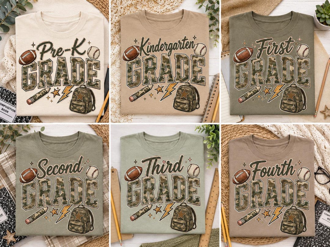 Back To School Grade PNG Bundle, Camo Shirt Designs (Digital Download)