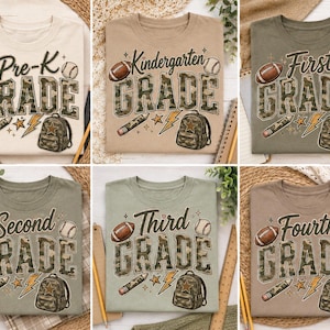 The image is a collage of six images, each featuring a t-shirt with the text "Pre-K Grade" and various school supplies such as a backpack, baseball, and pencils.