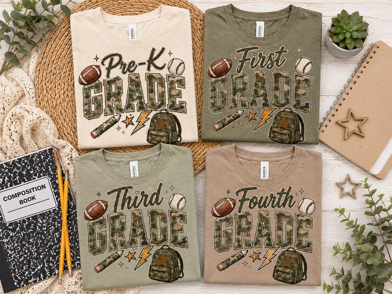 four t-shirts with the text "Pre-K Grade" printed on them, along with various sports-related icons such as a football, baseball, and backpack. The t-shirts are arranged on a table, along with a notebook, pencils, and a plant.