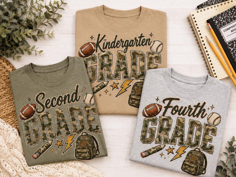 Three t-shirts with the text "Second Grade" printed on them, along with various sports-related icons such as a football, baseball, and a backpack.