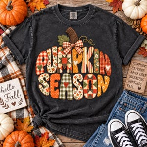 Pumpkin Season PNG, Patchwork Pumpkin Design, Quilted Floral Gingham Fall Graphic, Cozy Autumn Sublimation PNG