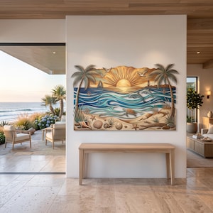 May include: A multi-layered wooden wall art piece depicting a coastal sunset scene. The artwork features two palm trees, a rising sun, a sailboat, a lighthouse, dolphins, a sea turtle, and various seashells on a sandy beach in shades of blue and tan.