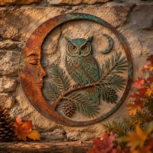 May include: A circular metal wall art piece featuring a crescent moon with a human face profile on the left side. An owl is perched on a pine branch with a pinecone in the centre. The finish is a weathered copper patina with rust-coloured tones.