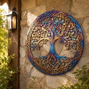 May include: A circular metal wall art piece featuring an intricate tree of life design with sprawling branches and roots. The surface displays a heat-treated finish with iridescent gradients of blue, purple, and bronze tones within a Celtic knot border.