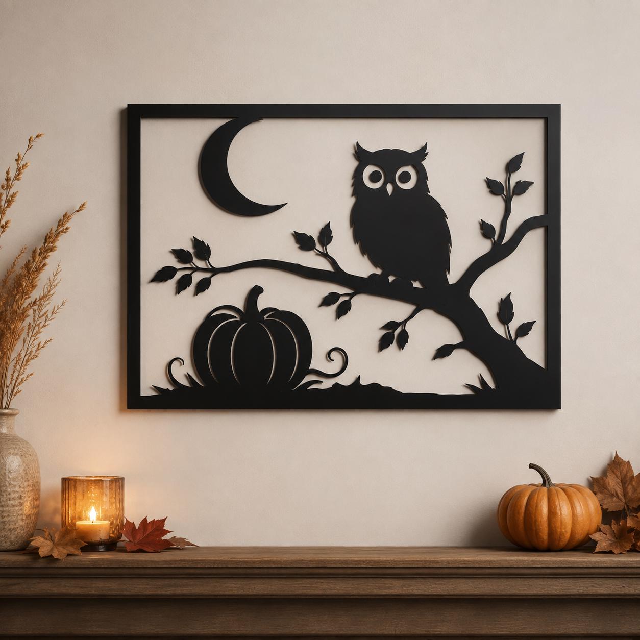 Owl Halloween LED Metal Wall Art, Rustic Metal Owl Decor, Pumpkin and Moon Wall Hanging, Spooky Autu