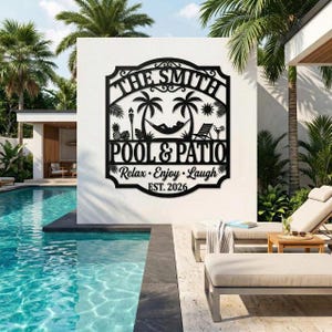 May include: A black metal wall sign featuring a decorative frame with the text THE SMITH POOL & PATIO, Relax Enjoy Laugh, and EST. 2026. The design includes silhouettes of palm trees, a person in a hammock, a tiki torch, and a cocktail glass.