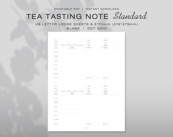 Könnte beinhalten: Ein weißes, druckbares Blatt für Tee-Verkostungsnotizen mit schwarzem Text. Die Überschrift lautet TEA TASTING NOTE Standard, US LETTER LOOSE SHEETS 8.5x11inch (216x279mm), BLANK | DOT GRID. Das Formular enthält Felder für Name, Datum, Marke, Herkunft und Teesorte.