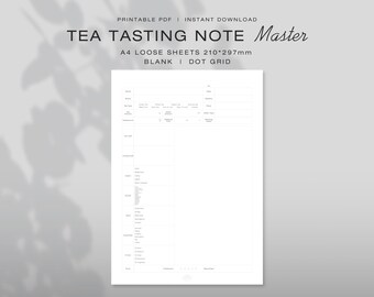 Könnte beinhalten: Ein weißes A4-Tee-Verkostungsblatt mit den Maßen 210 mal 297 mm und dem Text TEA TASTING NOTE Master, A4 LOOSE SHEETS 210*297mm, BLANK | DOT GRID. Das Dokument enthält strukturierte Felder zur Erfassung von Tee-Details und Geschmacksprofilen.
