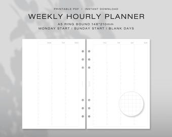 Könnte beinhalten: Ein druckbarer A5 Wochenplaner mit stündlicher Einteilung und Ringbuchlochung. Das Layout zeigt Spalten von Montag bis Sonntag sowie einen Kreis mit Rasterdetail. Text: WEEKLY HOURLY PLANNER, A5 RING BOUND 148*210mm, MONDAY START, SUNDAY START, BLANK DAYS.