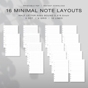 Half Letter - 16 minimalistische notitieboekontwerpen | Stippenraster, raster en lijnen | Eenvoudige lay-out | Insteekvellen voor ringbanden | Printbaar PDF | Digitale download