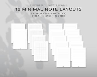 Könnte beinhalten: Ein Set aus 16 druckbaren A4-Notizblättern mit den Maßen 210 mal 297 mm. Die Sammlung umfasst 2 Punktraster-Layouts, 4 Raster-Layouts und 10 linierte Layouts, alle in Weiß mit schwarzen Linien auf hellgrauem Hintergrund mit Text.