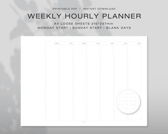 Könnte beinhalten: Ein wöchentlicher Stundenplaner als druckbares PDF mit dem Text WEEKLY HOURLY PLANNER, A4 LOOSE SHEETS 210*297mm, MONDAY START | SUNDAY START | BLANK DAYS. Der Planer zeigt sieben vertikale Spalten für die Wochentage und eine kreisförmige Rastereinlage.
