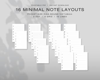 Könnte beinhalten: Ein Set aus 16 druckbaren Notizlayouts für Ringbuchplaner im Taschenformat mit den Maßen 105x148mm. Die Sammlung enthält weiße Papierbögen mit 2 Punkt-, 4 Gitter- und 10 Linienmustern, die jeweils an der linken Seite vorgelocht sind.