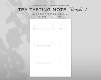 Könnte beinhalten: Ein weißes, druckbares A4-Blatt für Tee-Verkostungsnotizen mit drei identischen Abschnitten für Name, Datum, Marke, Preis, Teesorte und Bewertung. Der Text lautet TEA TASTING NOTE Simple 1, A4 LOOSE SHEETS 210*297mm, BLANK | DOT GRID.