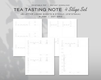 Könnte beinhalten: Ein Set aus vier druckbaren Tee-Verkostungsnotizblättern im US-Letter-Format, 216 mal 279 mm. Die weißen Seiten enthalten schwarzen Text und Linien zur Erfassung von Tee-Details, einschließlich leerer und punktgerasterter Layouts für Notizen.