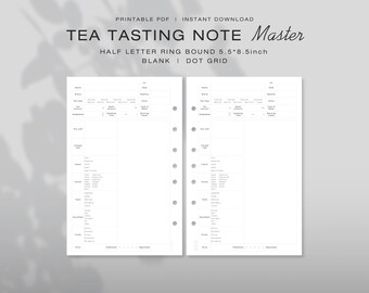 Könnte beinhalten: Zwei weiße, druckbare Teeverkostungs-Notizseiten mit Ringbuchlochung. Der Text lautet TEA TASTING NOTE Master, HALF LETTER RING BOUND 5.5*8.5inch, BLANK | DOT GRID. Jede Seite enthält Felder für Name, Datum, Marke, Wetter, Teesorte und Details zur Zubereitung.