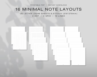 Könnte beinhalten: Ein Set aus 16 druckbaren Notizlayouts im US-Letter-Format, 216 mal 279 mm. Die Sammlung enthält 2 Punktgitter-, 4 Gitter- und 10 linierte Papierdesigns. Der Text lautet: 16 MINIMAL NOTE LAYOUTS, US LETTER LOOSE SHEETS 8.5*11inch (216*279mm).