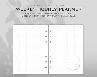Könnte beinhalten: Ein druckbarer wöchentlicher Stundenplaner-Einsatz für persönliche Ringbuch-Organizer im Format 121 mal 171 mm. Das weiße Papier zeigt ein Rasterlayout mit Spalten von Montag bis Sonntag, stündlichen Zeitfenstern und einem kreisförmigen Rasterdetail.