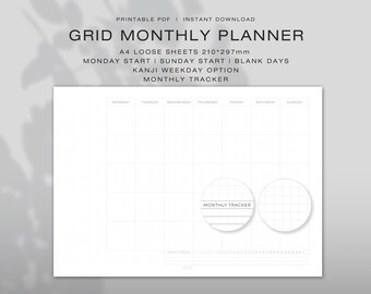 Könnte beinhalten: Eine weiße Raster-Monatsplaner-Seite mit schwarzem Text: GRID MONTHLY PLANNER, A4 LOOSE SHEETS 210*297mm, MONDAY START, SUNDAY START, BLANK DAYS, KANJI WEEKDAY OPTION und MONTHLY TRACKER. Das Layout enthält ein Kalenderraster und zwei kreisförmige Tracker.