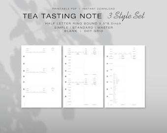 Könnte beinhalten: Ein Set aus drei weißen Teeverkostungs-Notizseiten für einen Ringbuchplaner im Format 14 cm mal 21,6 cm. Die Seiten enthalten gedruckten Text wie TEA TASTING NOTE, 3 Style Set, SIMPLE, STANDARD, MASTER, BLANK und DOT GRID mit Datenfeldern.